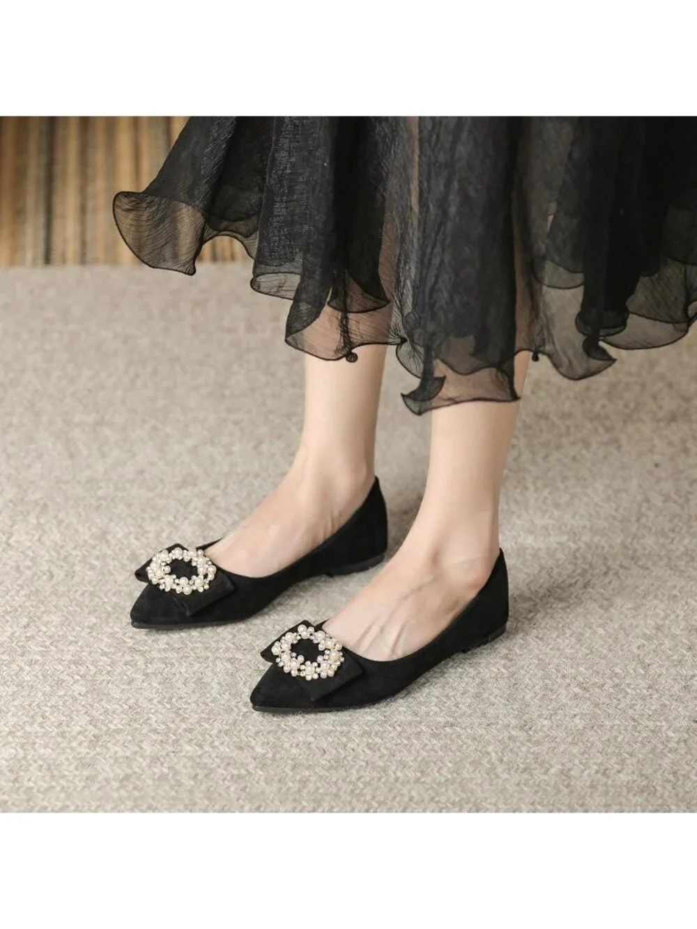 Women's 01-Black Pointed Toe Pearl Flats Comfort Non Slip Soft Sole Office Shoes
